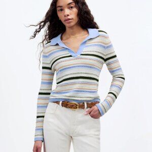 Madewell NWT  Textural-Stitch Johnny Collar Sweater peri blue multi stripe MED